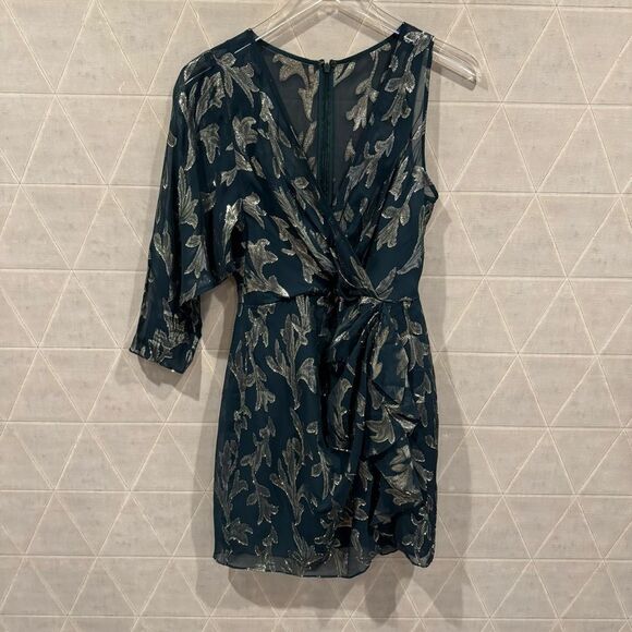 BCBGMAXAZRIA Asymmetric Faux Wrap Dress in Fern Combo 4 - Picture 6 of 13